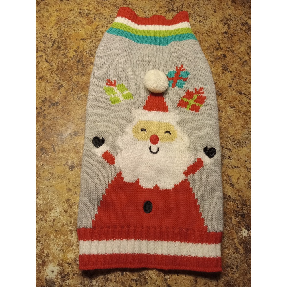 Simply Wag Santa Claus Christmas Pet Sweater Gray Red Medium Pom-Pom Holiday